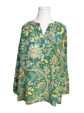 Spartina 449 100% Silk Floral Henley Tunic Blouse Mint Green Size XXL